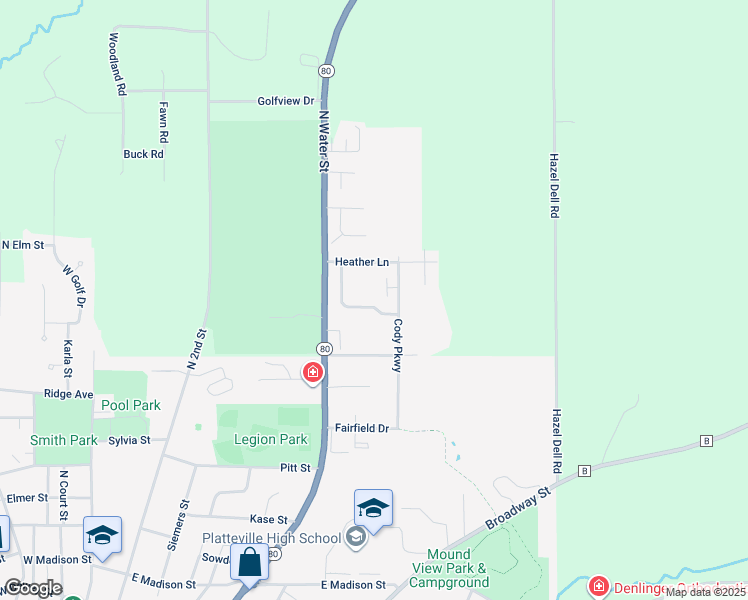 map of restaurants, bars, coffee shops, grocery stores, and more near 855 Heather Lane in Platteville