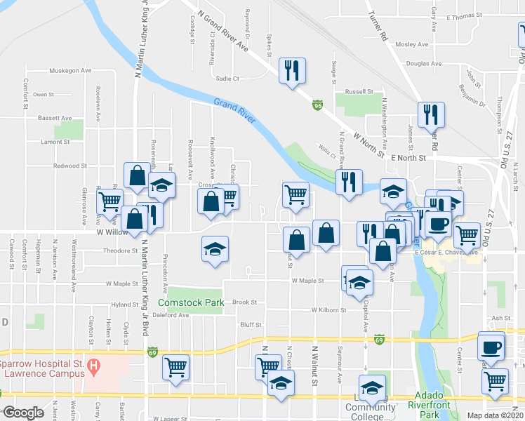map of restaurants, bars, coffee shops, grocery stores, and more near 608 West Willow Street in Lansing