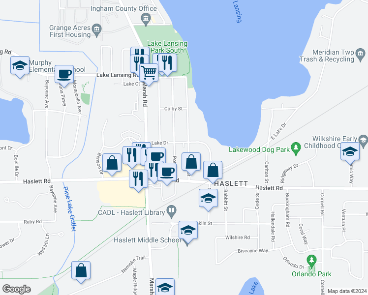 map of restaurants, bars, coffee shops, grocery stores, and more near 5786 Lake Drive in Meridian charter Township