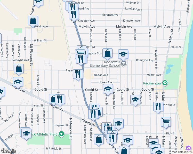 map of restaurants, bars, coffee shops, grocery stores, and more near 2317 Charles Street in Racine