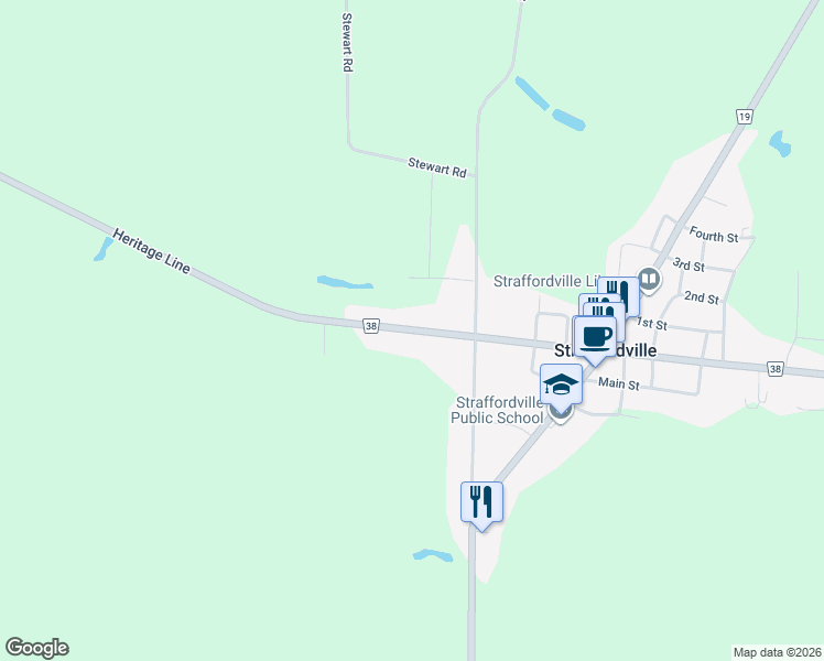 map of restaurants, bars, coffee shops, grocery stores, and more near 56084 Heritage Line in Straffordville