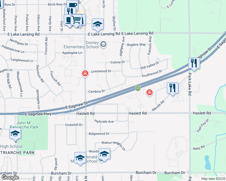 map of restaurants, bars, coffee shops, grocery stores, and more near 1436 Smithfield Avenue in East Lansing