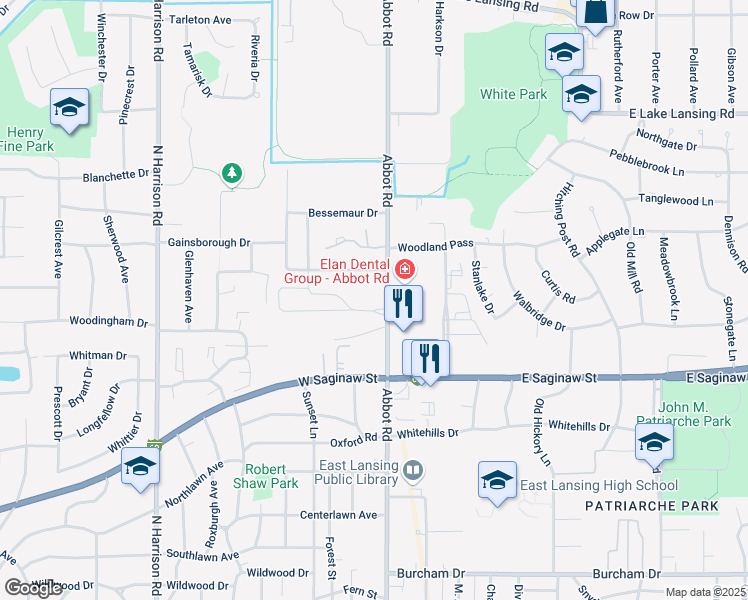 map of restaurants, bars, coffee shops, grocery stores, and more near 117 Loree Drive in East Lansing