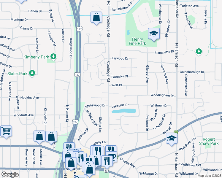 map of restaurants, bars, coffee shops, grocery stores, and more near 1408 Wolf Court in East Lansing