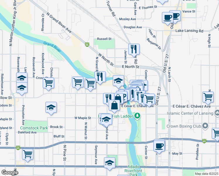 map of restaurants, bars, coffee shops, grocery stores, and more near 1510 North Grand River Avenue in Lansing