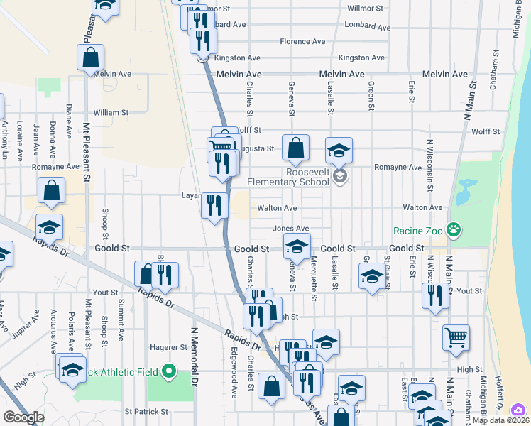 map of restaurants, bars, coffee shops, grocery stores, and more near 2317 Charles Street in Racine