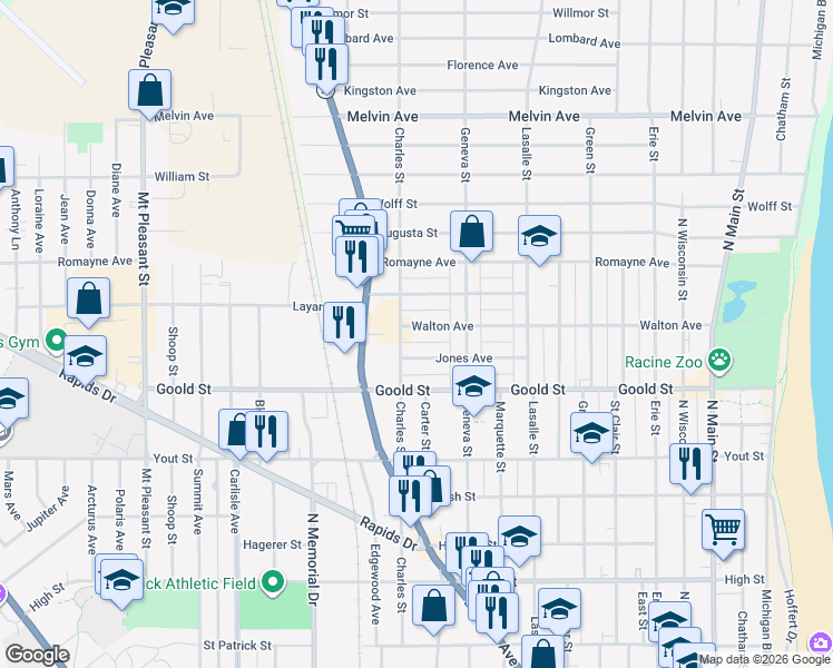 map of restaurants, bars, coffee shops, grocery stores, and more near 2317 Charles Street in Racine