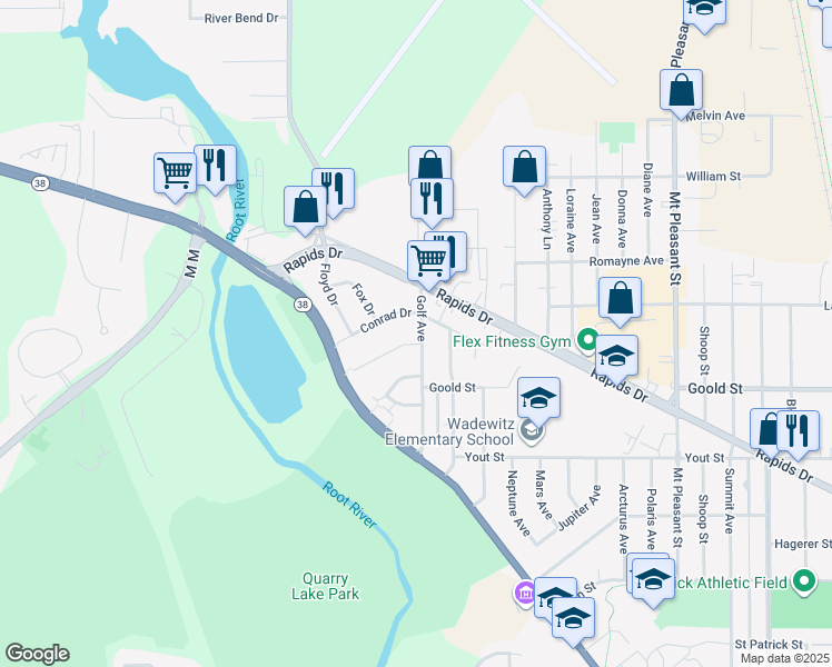 map of restaurants, bars, coffee shops, grocery stores, and more near 3118 Conrad Drive in Racine