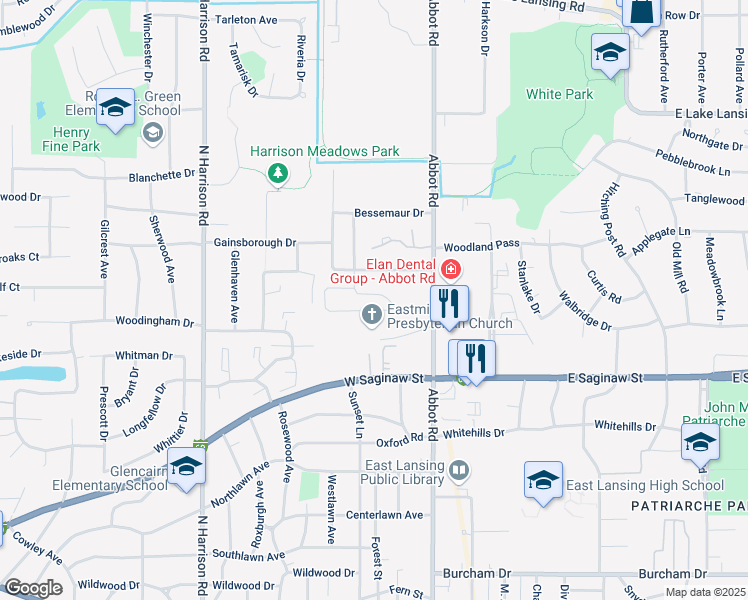 map of restaurants, bars, coffee shops, grocery stores, and more near 110 East Pointe Lane in East Lansing