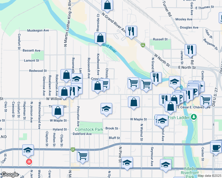map of restaurants, bars, coffee shops, grocery stores, and more near 700 West Willow Street in Lansing