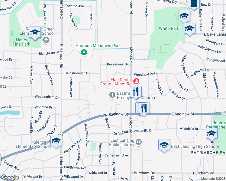 map of restaurants, bars, coffee shops, grocery stores, and more near 110 East Pointe Lane in East Lansing