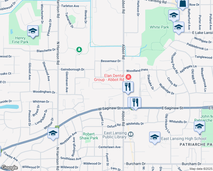 map of restaurants, bars, coffee shops, grocery stores, and more near 211 Loree Drive in East Lansing