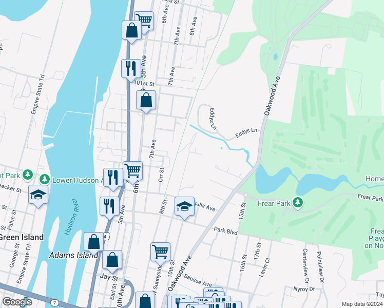 map of restaurants, bars, coffee shops, grocery stores, and more near 8 House Avenue in Troy