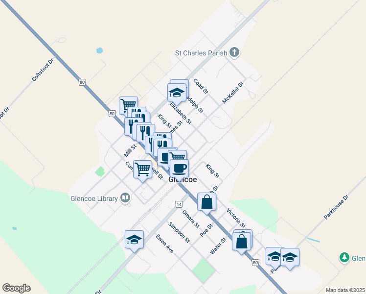 map of restaurants, bars, coffee shops, grocery stores, and more near 229 King Street in Glencoe