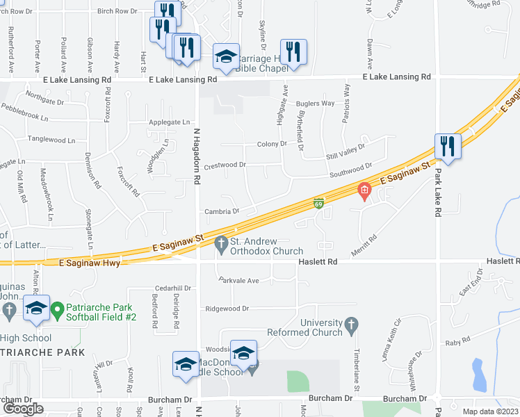map of restaurants, bars, coffee shops, grocery stores, and more near 1624 Cambria Drive in East Lansing
