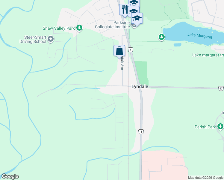 map of restaurants, bars, coffee shops, grocery stores, and more near 46 Snowy Owl Trail in Elgin County