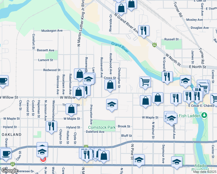 map of restaurants, bars, coffee shops, grocery stores, and more near 1352 Roosevelt Avenue in Lansing