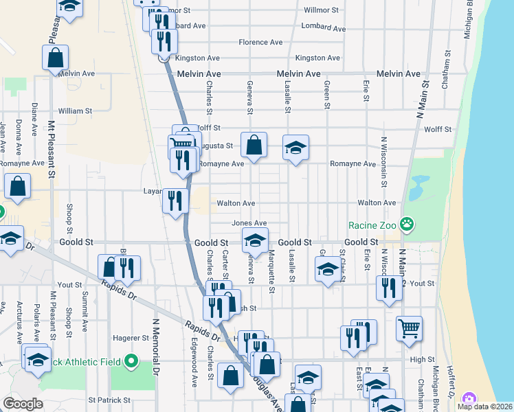 map of restaurants, bars, coffee shops, grocery stores, and more near 1106 Walton Avenue in Racine
