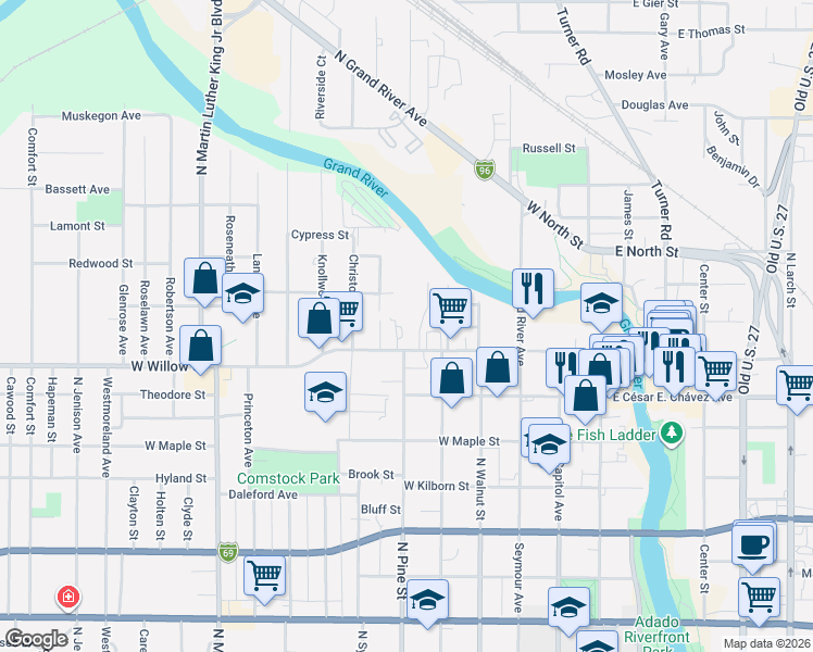map of restaurants, bars, coffee shops, grocery stores, and more near 540 West Willow Street in Lansing