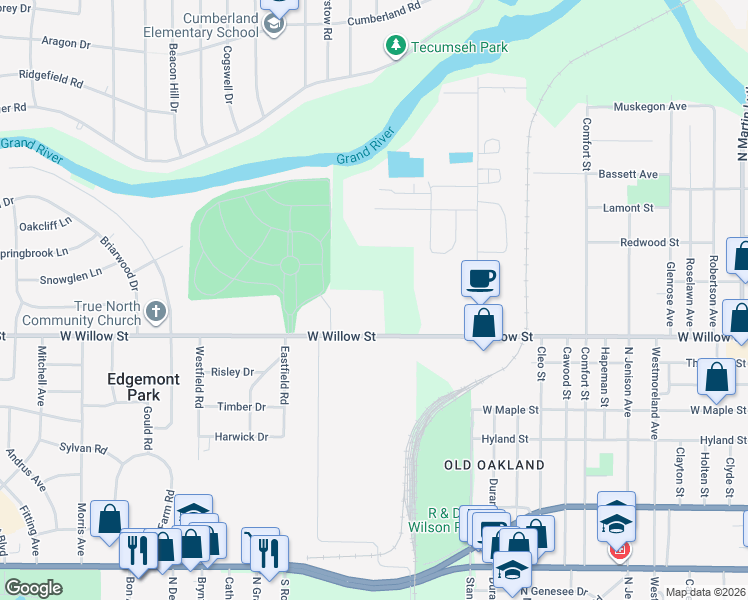 map of restaurants, bars, coffee shops, grocery stores, and more near 2410 West Willow Street in Lansing