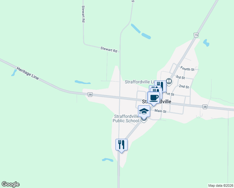 map of restaurants, bars, coffee shops, grocery stores, and more near 56084 Heritage Line in Straffordville