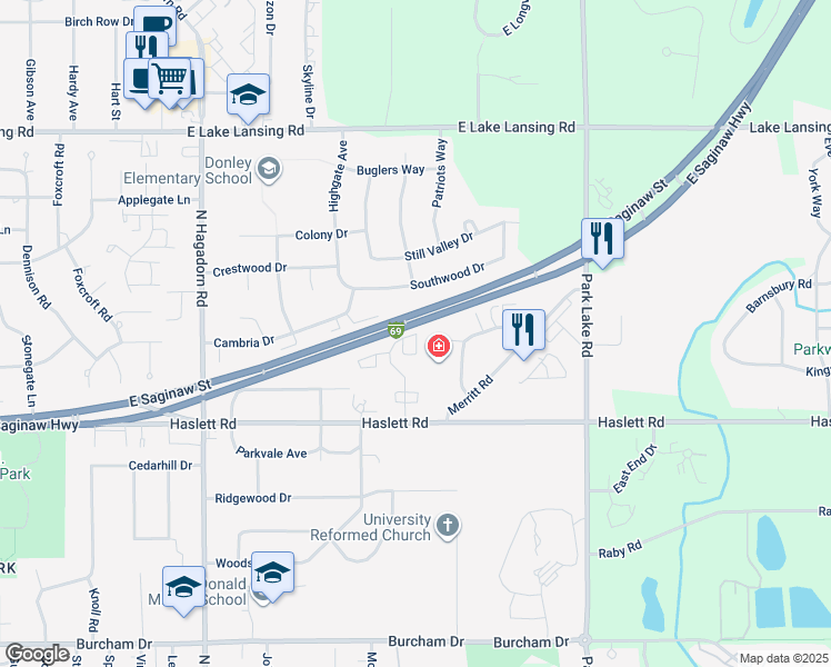 map of restaurants, bars, coffee shops, grocery stores, and more near 1803 Deer Path Lane in East Lansing