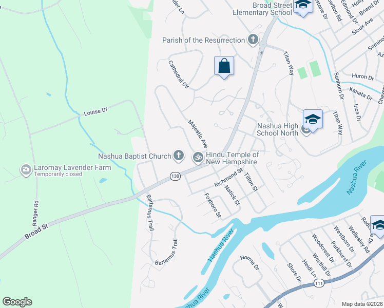 map of restaurants, bars, coffee shops, grocery stores, and more near 12 Normandy Way in Nashua