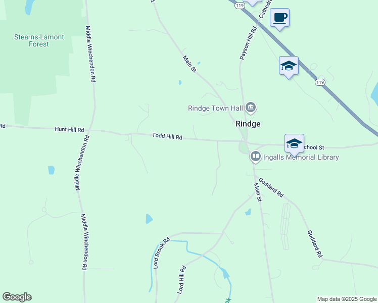 map of restaurants, bars, coffee shops, grocery stores, and more near 61 Todd Hill Road in Rindge