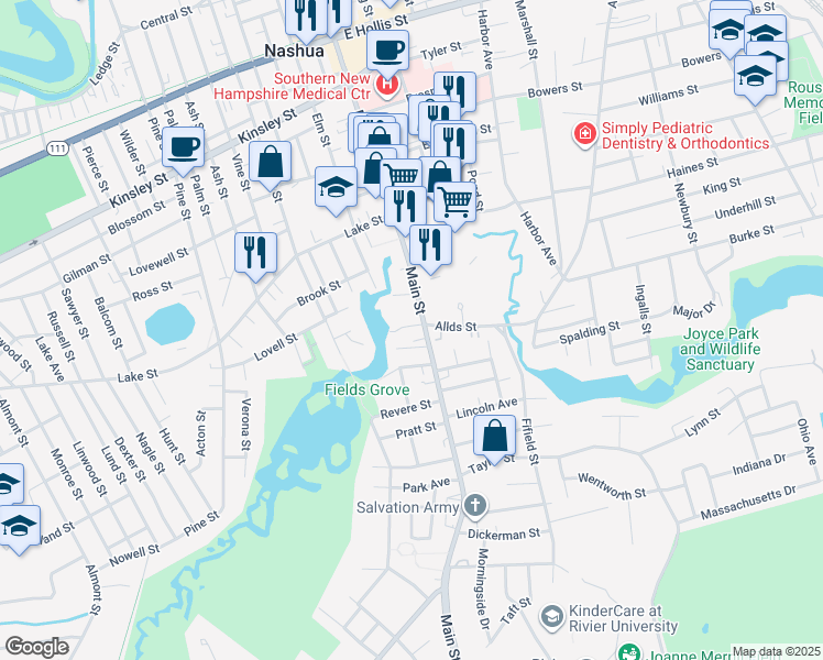 map of restaurants, bars, coffee shops, grocery stores, and more near 331 Main Street in Nashua
