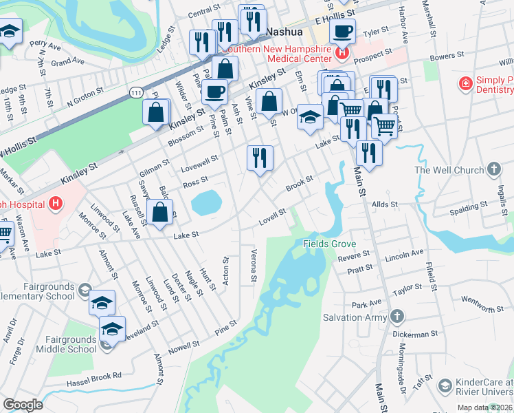 map of restaurants, bars, coffee shops, grocery stores, and more near 55 Lake Street in Nashua
