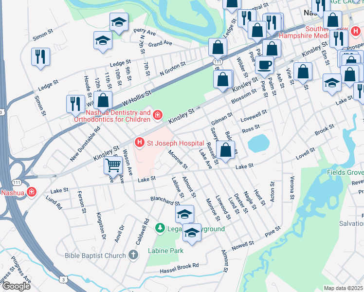 map of restaurants, bars, coffee shops, grocery stores, and more near 22 Wadleigh Street in Nashua