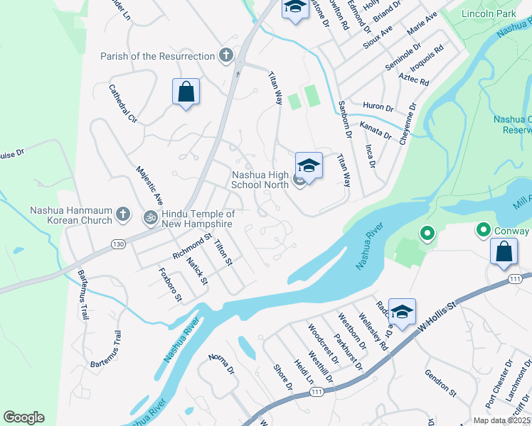 map of restaurants, bars, coffee shops, grocery stores, and more near 4 Jamaica Lane in Nashua