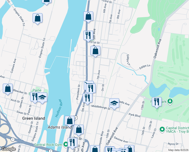 map of restaurants, bars, coffee shops, grocery stores, and more near 3165 6th Avenue in Troy