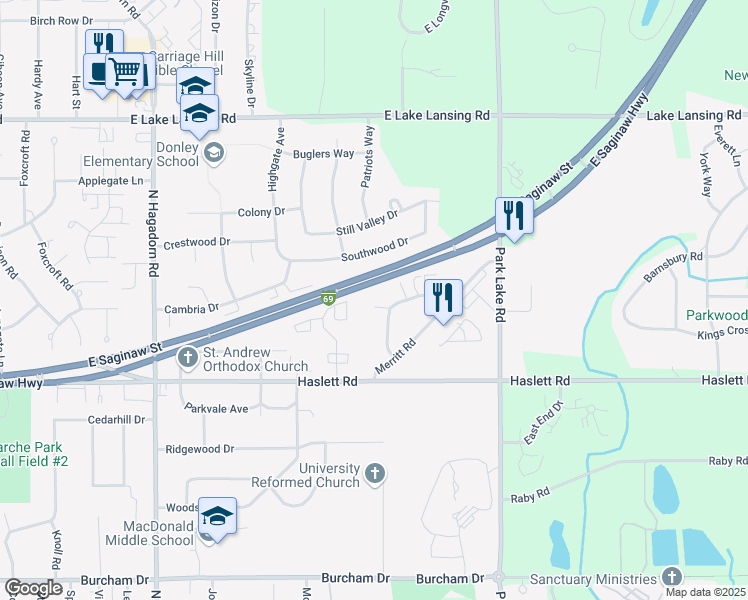 map of restaurants, bars, coffee shops, grocery stores, and more near 1551 East Lansing Drive in East Lansing
