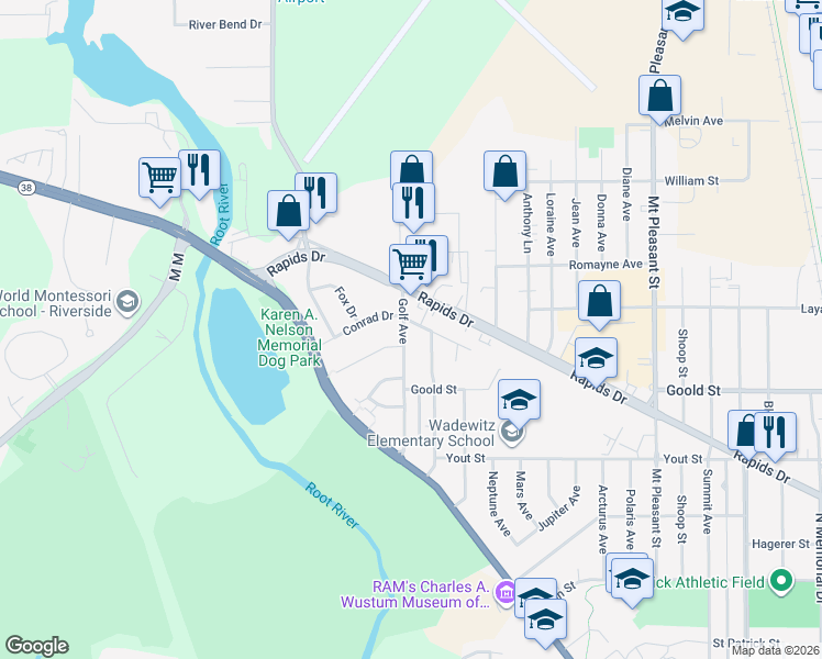 map of restaurants, bars, coffee shops, grocery stores, and more near 3018 Cecelia Park Drive in Racine
