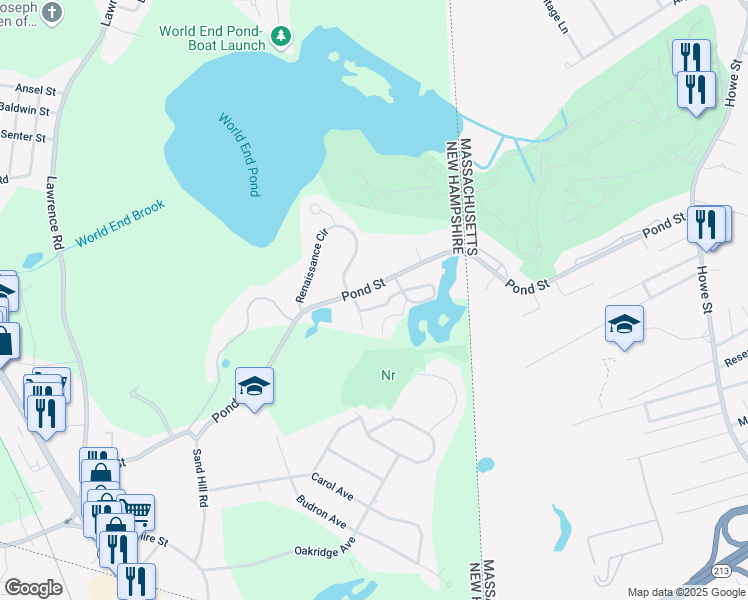 map of restaurants, bars, coffee shops, grocery stores, and more near 83 Pond Street in Salem