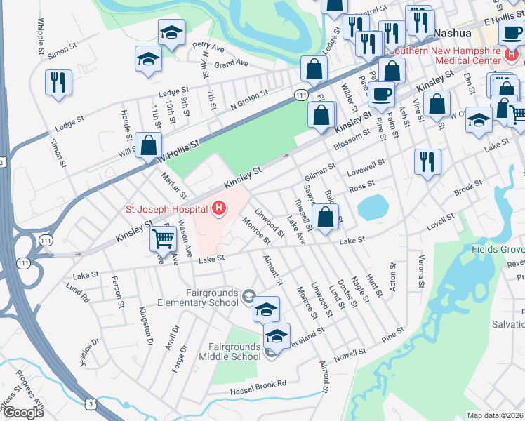 map of restaurants, bars, coffee shops, grocery stores, and more near 22 Wadleigh Street in Nashua