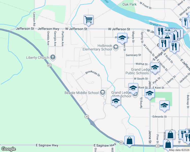 map of restaurants, bars, coffee shops, grocery stores, and more near 1076 Brookside Drive in Grand Ledge