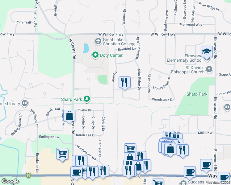 map of restaurants, bars, coffee shops, grocery stores, and more near 6034 Stoney Point Drive in Lansing