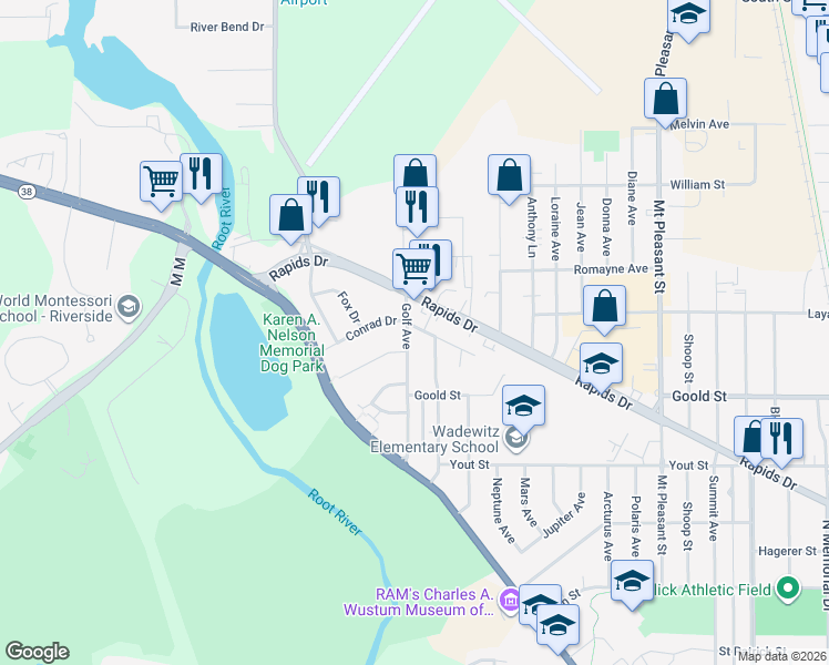 map of restaurants, bars, coffee shops, grocery stores, and more near 3018 Cecelia Park Drive in Racine
