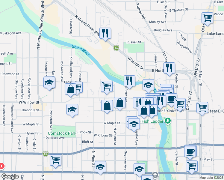 map of restaurants, bars, coffee shops, grocery stores, and more near 1336 North Chestnut Street in Lansing