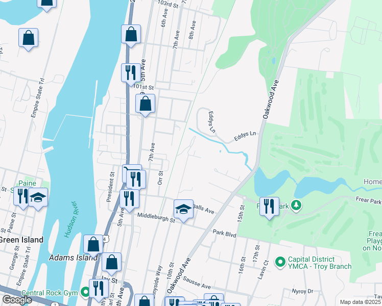 map of restaurants, bars, coffee shops, grocery stores, and more near 1 House Avenue in Troy