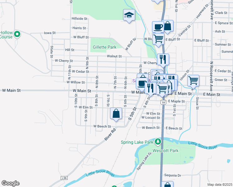 map of restaurants, bars, coffee shops, grocery stores, and more near 619 West Main Street in Cherokee