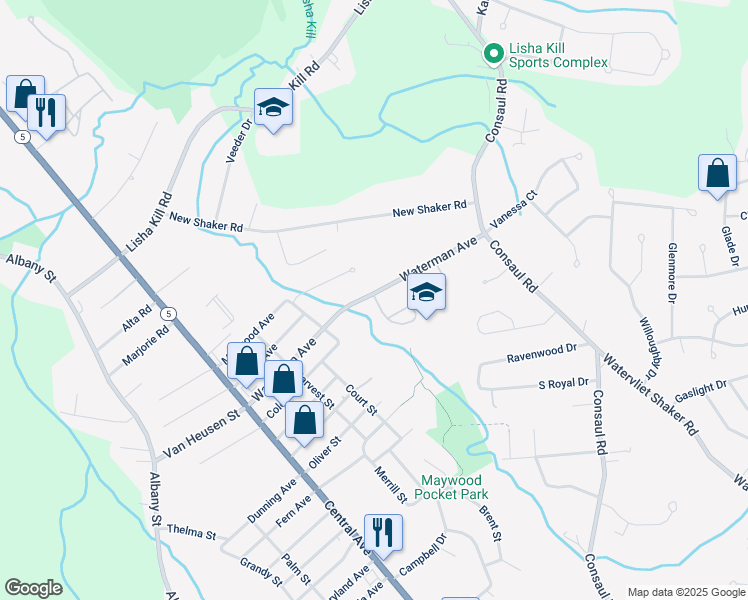 map of restaurants, bars, coffee shops, grocery stores, and more near 68 Waterman Avenue in Albany