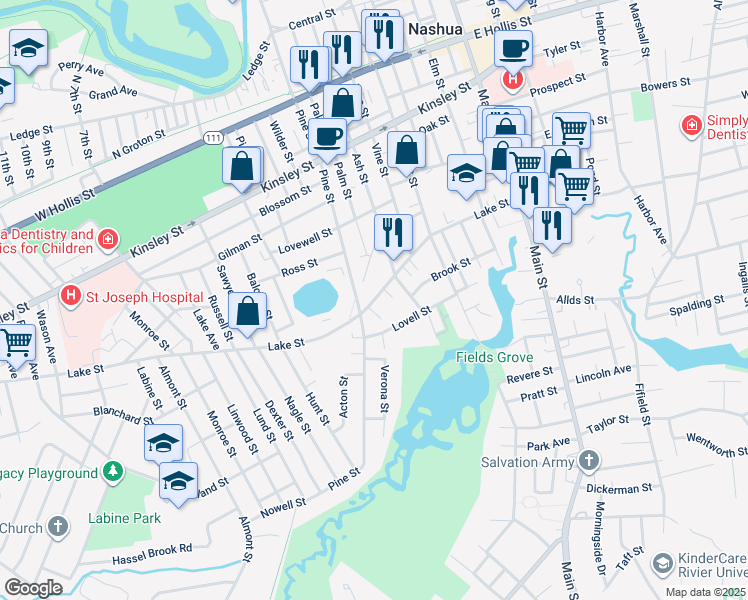map of restaurants, bars, coffee shops, grocery stores, and more near 59 Lake Street in Nashua