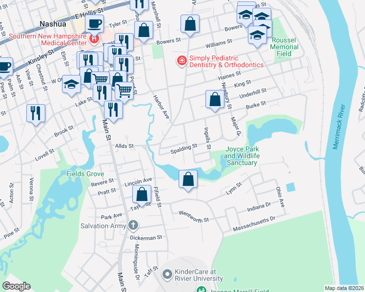 map of restaurants, bars, coffee shops, grocery stores, and more near 21 Benson Avenue in Nashua