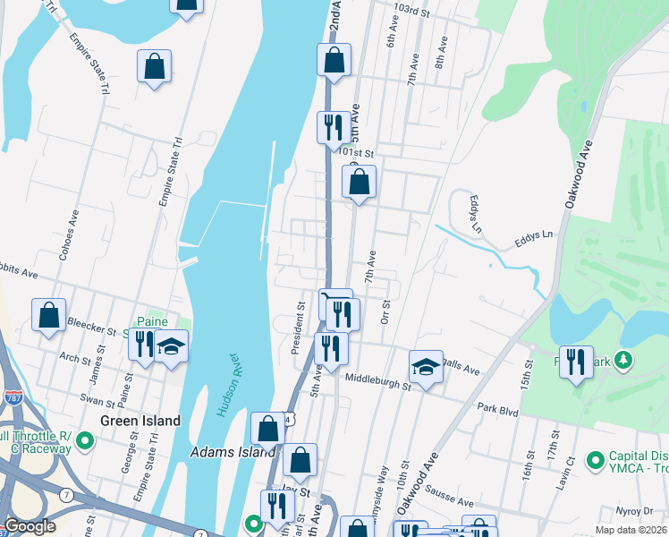 map of restaurants, bars, coffee shops, grocery stores, and more near 3165 6th Avenue in Troy