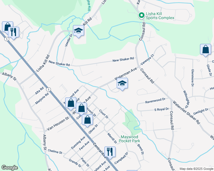 map of restaurants, bars, coffee shops, grocery stores, and more near 69 Waterman Avenue in Albany