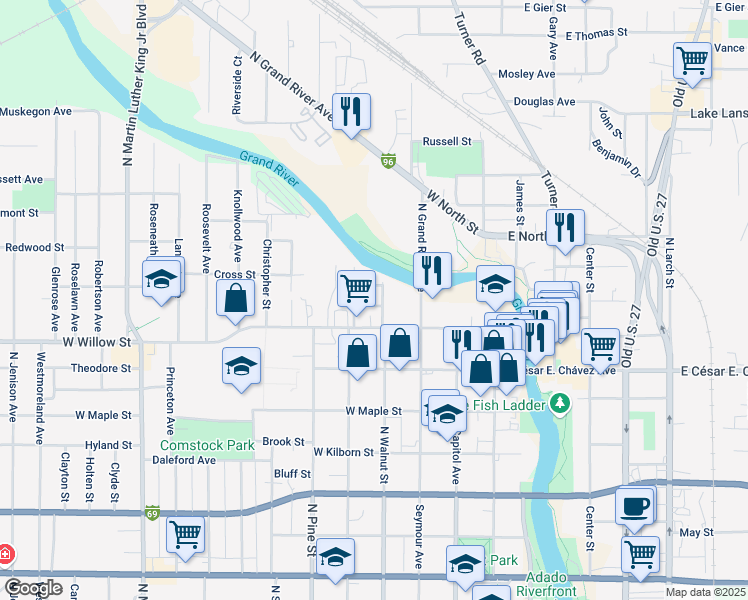 map of restaurants, bars, coffee shops, grocery stores, and more near 1336 North Chestnut Street in Lansing