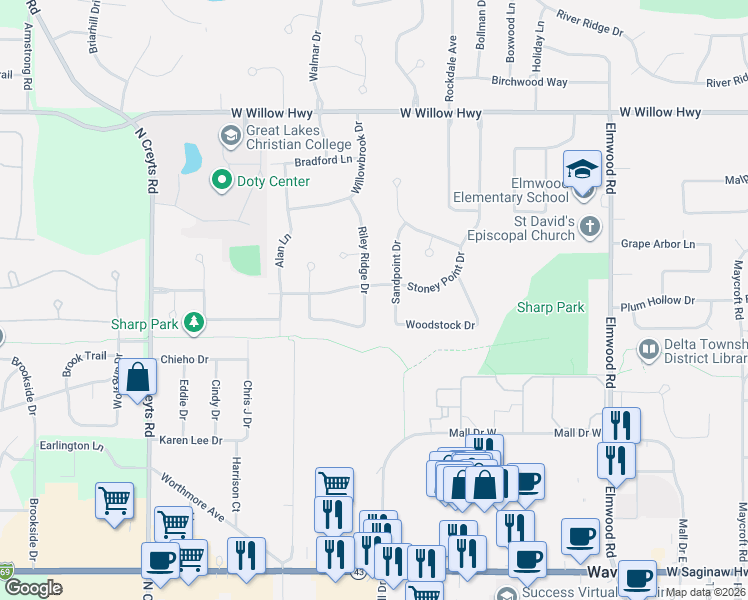 map of restaurants, bars, coffee shops, grocery stores, and more near 5905 Stoney Point Drive in Lansing